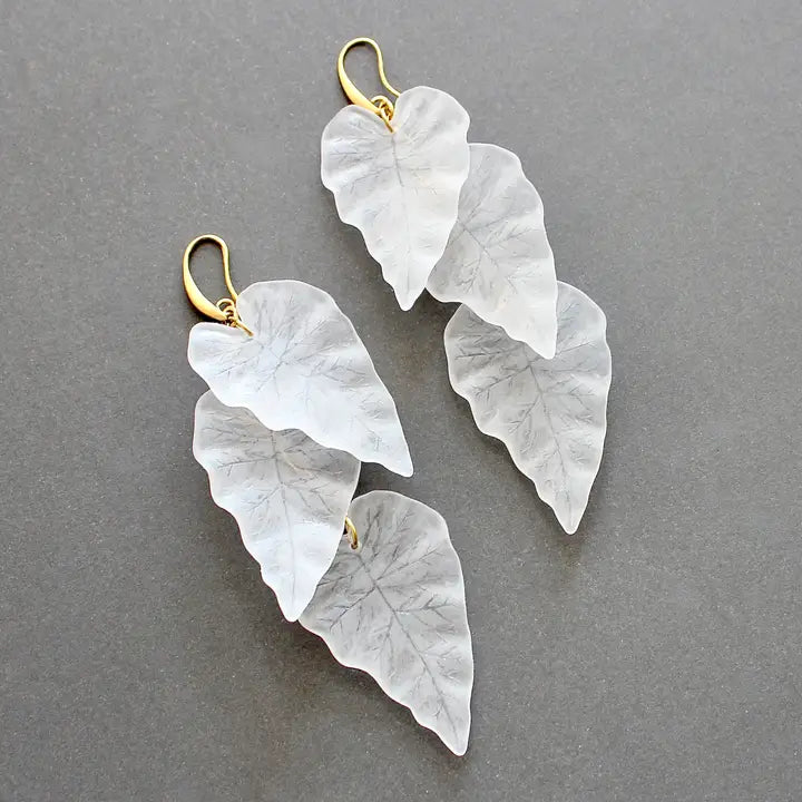 White Frosted Acrylic Leaf Shoulder Duster Earrings