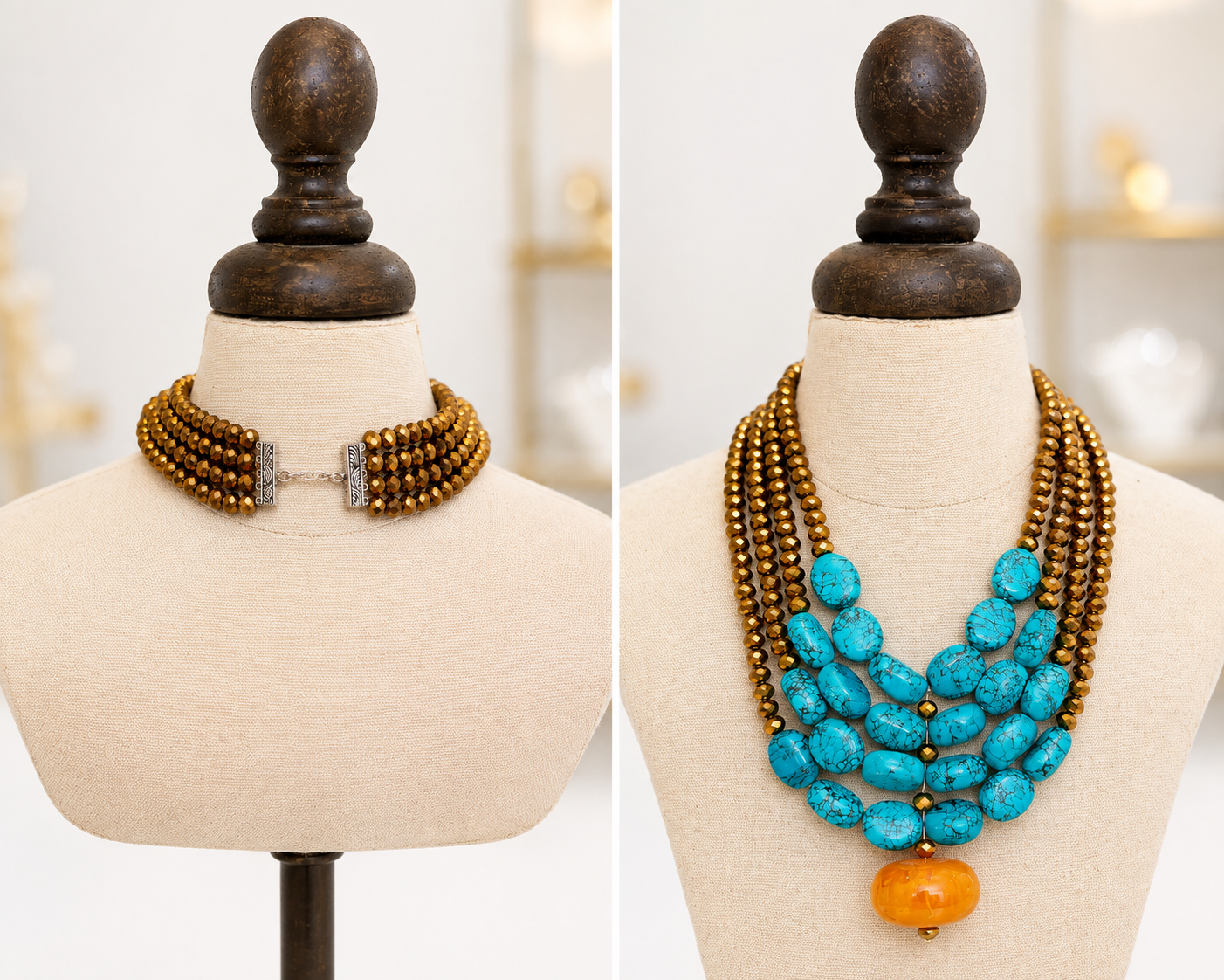 Turquoise & Gold Multi-Strand Necklace.