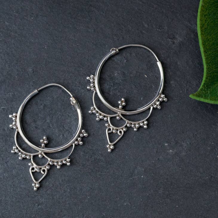 Sterling Silver Indian Decorated Drop Hoop Earring