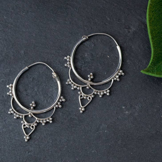 Sterling Silver Indian Decorated Drop Hoop Earring