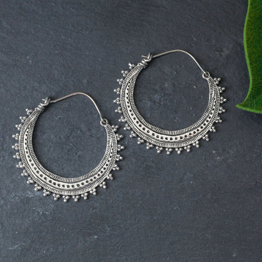 Sterling Silver Tribal Decorated Hoop Earring