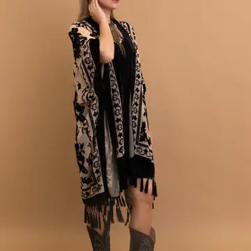 Velvet Mesh Tassled Kimono (Black & Burgandy)