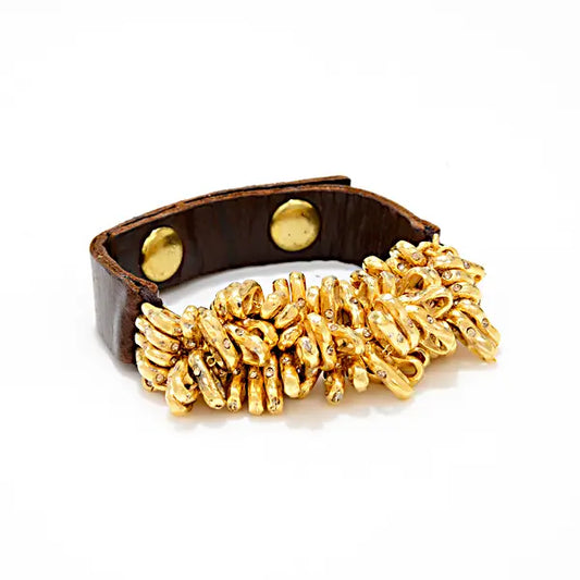 Metal Cluster Leather Bracelet in Gold Finish