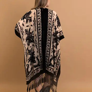 Velvet Mesh Tassled Kimono (Black & Burgandy)