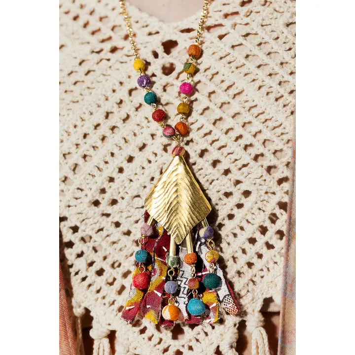 Beaded Chain Link Necklace with Metal Pendant