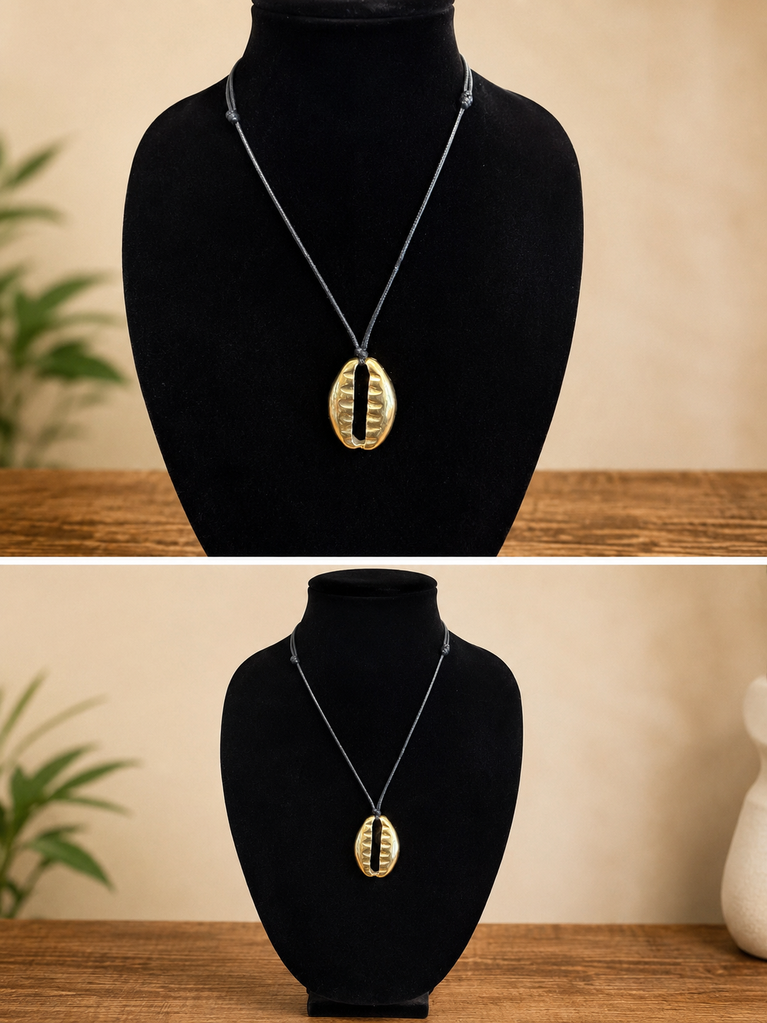 Brass Cowrie Shell Pendant Necklace (Leather Adjustable Strap)