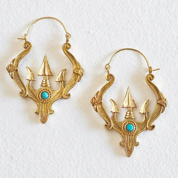Brass Hoop Genuine Turquoise Earrings Trident Design