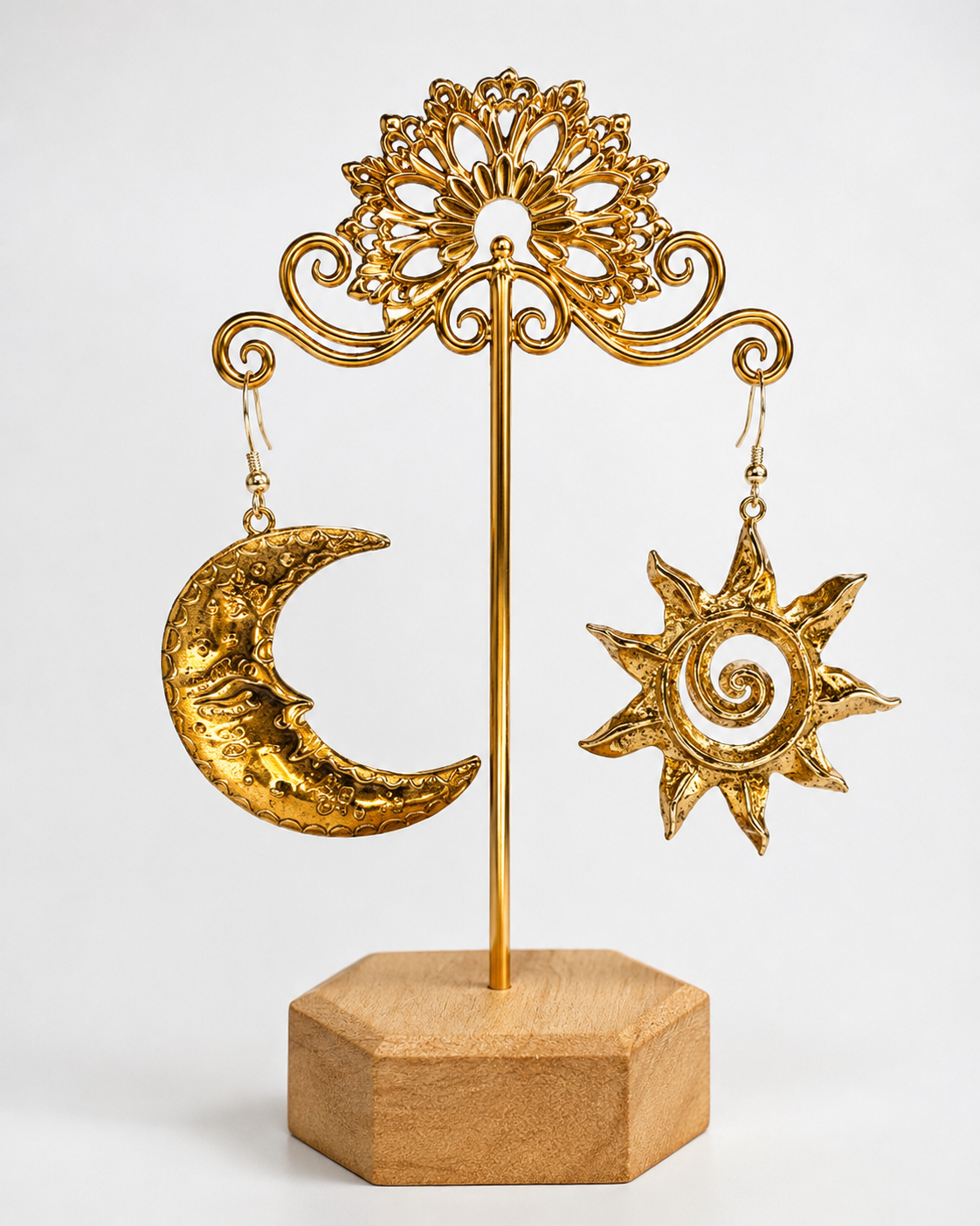 Large Gold Sun & Moon Dangle Earrings