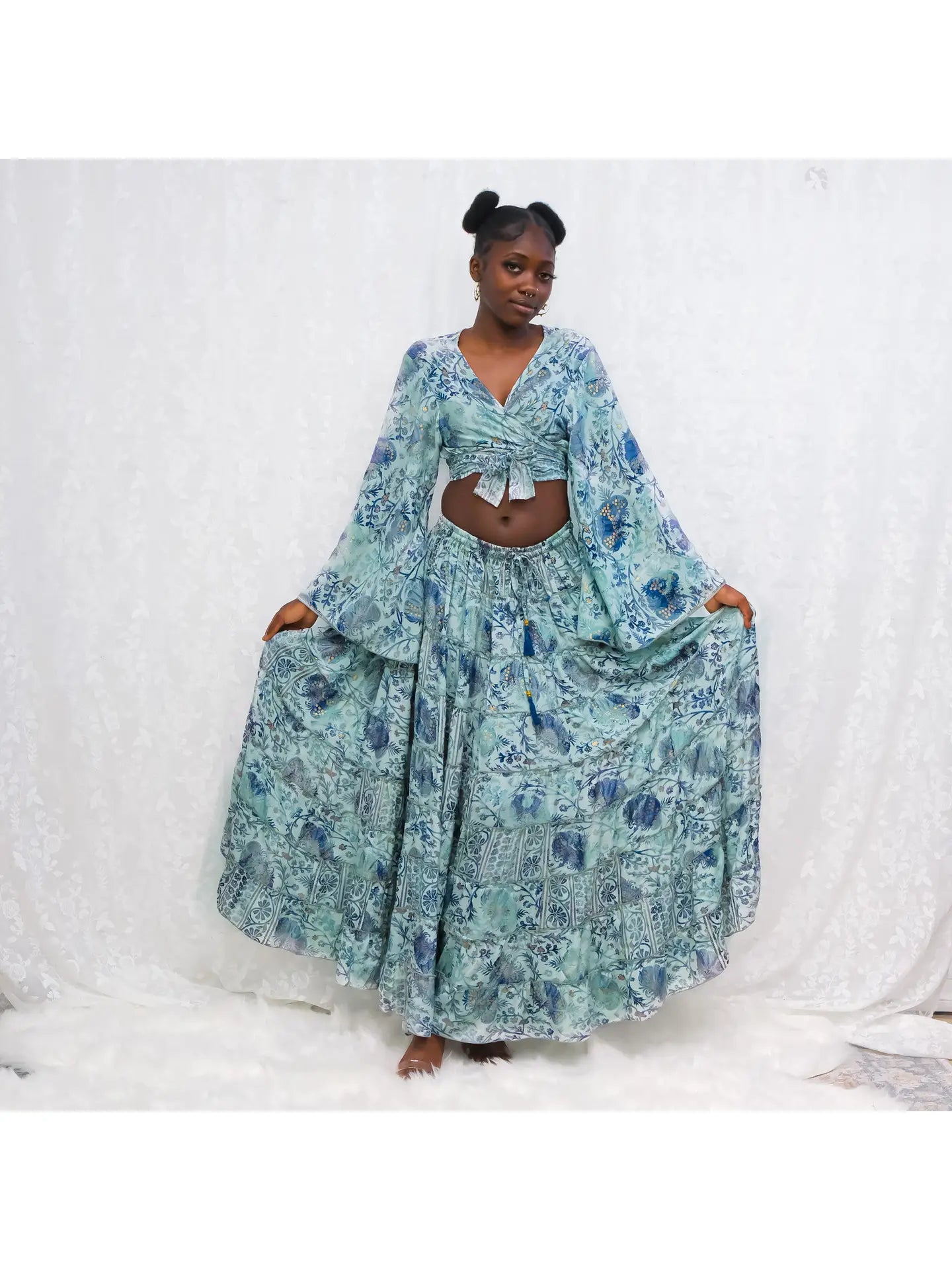 Bohemian Long Ruffle Recycled Silk Skirt and Tie Top Set