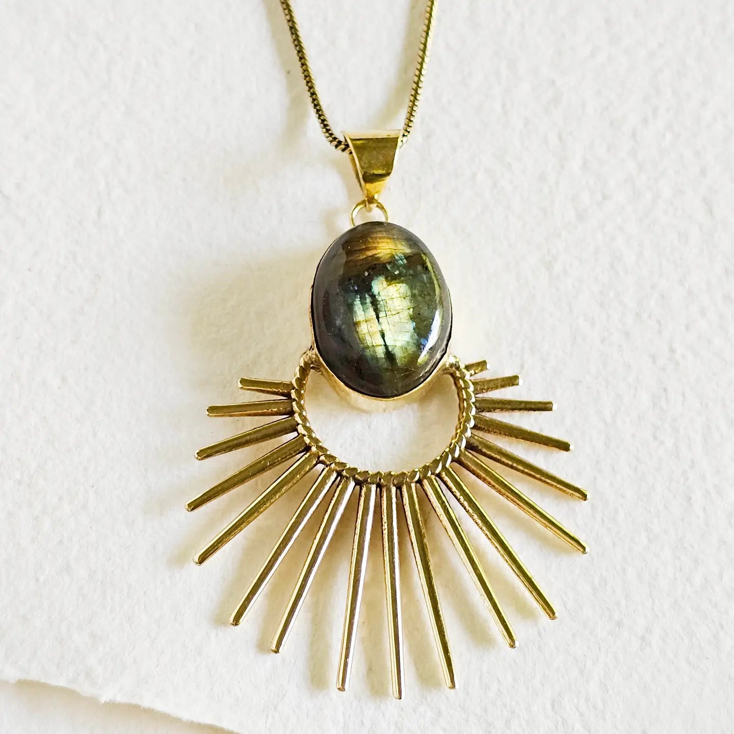 Brass Labradorite Starburst Pendant Charm Necklace Designer