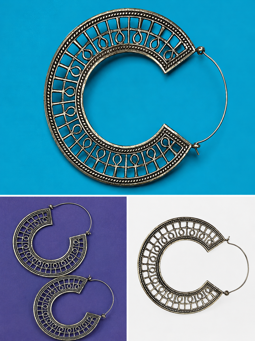 Large Brass Ankh Hoop Earring