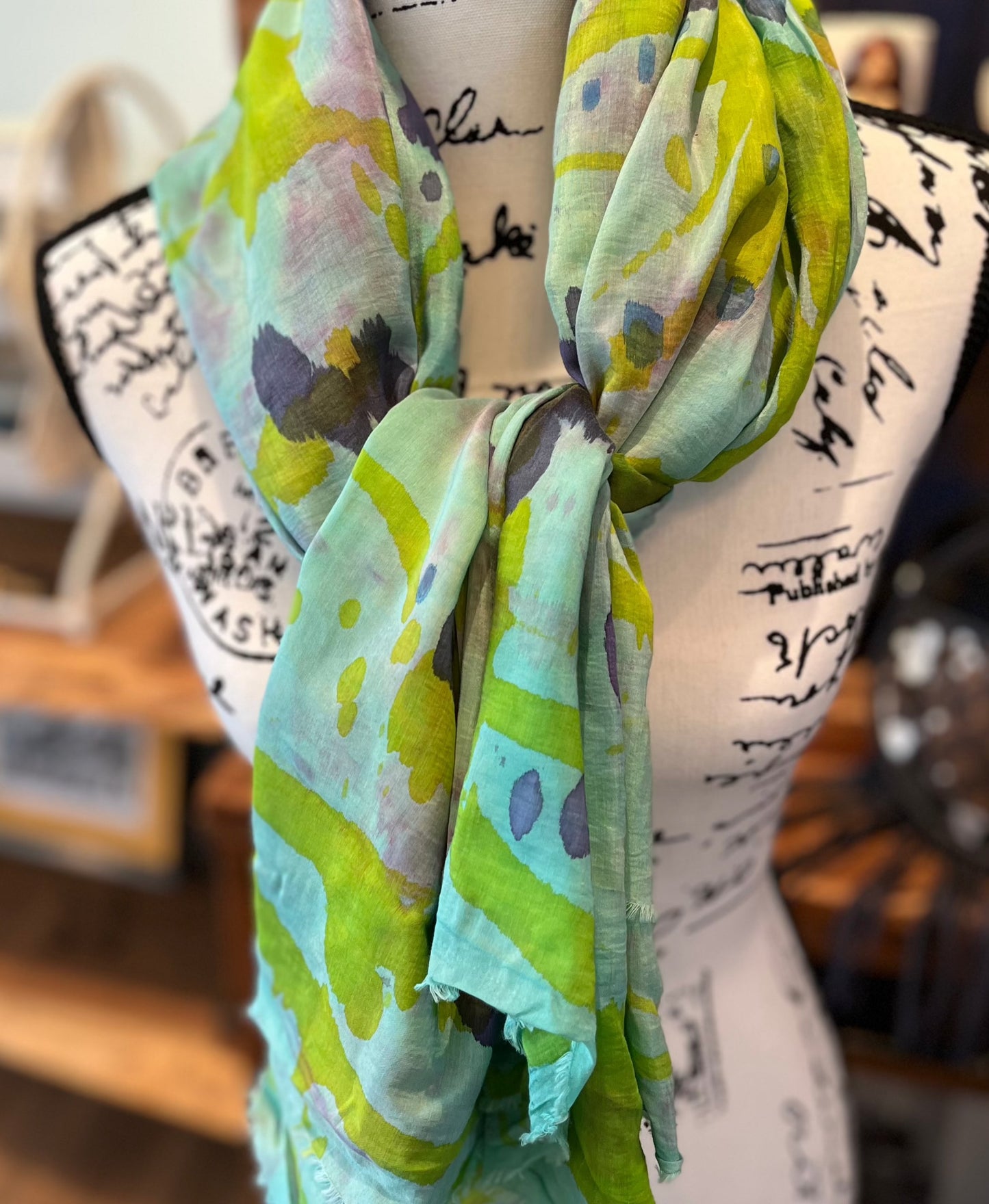 Martha Mae Hand Painted Blue & Green Scarf