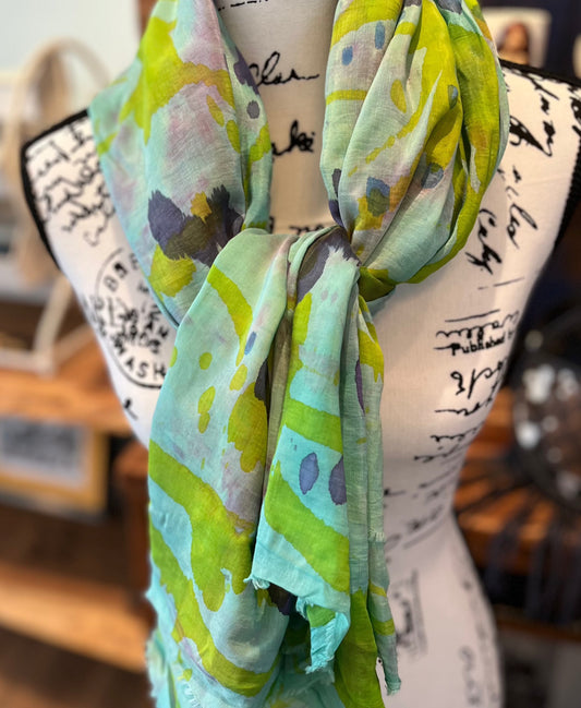 Martha Mae Hand Painted Blue & Green Scarf