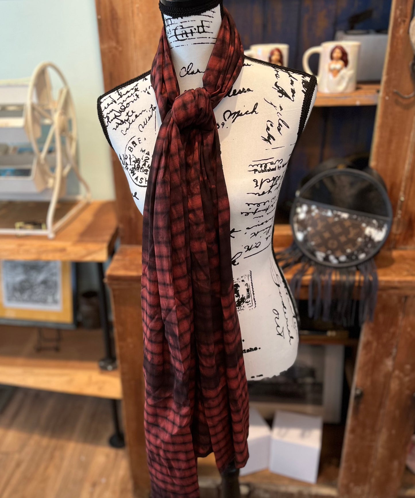 Martha Mae Jones Hand Painted Red Checkered Scarf