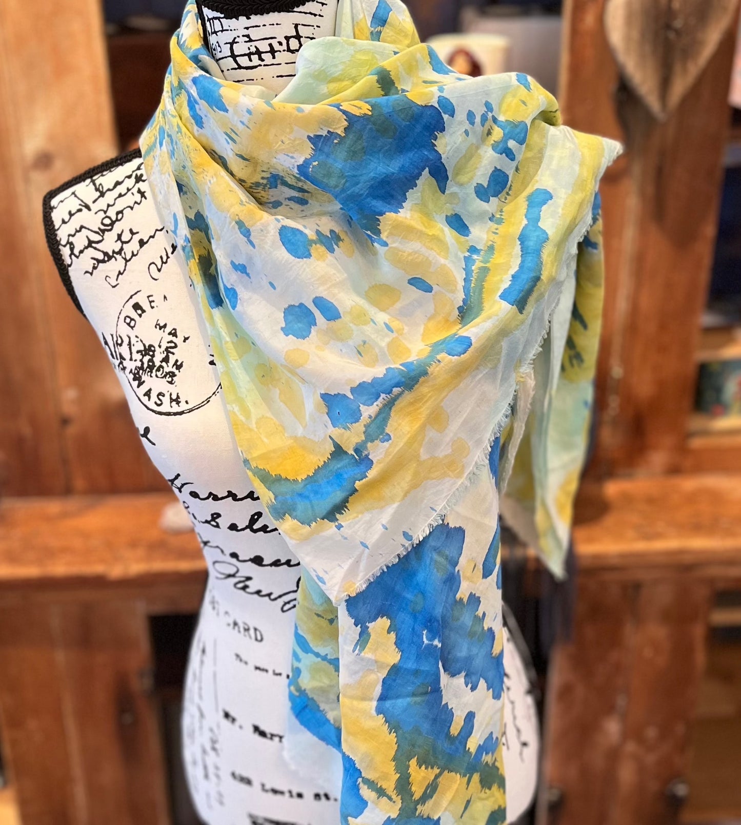 Martha Mae Hand Painted Blue & Yellow Scarf