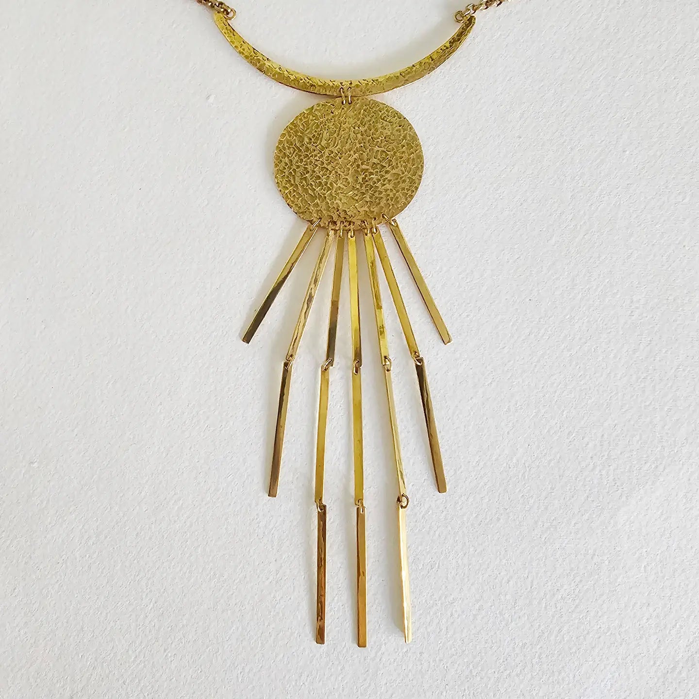Moon Rays Necklace - Hammered Brass Long Collar