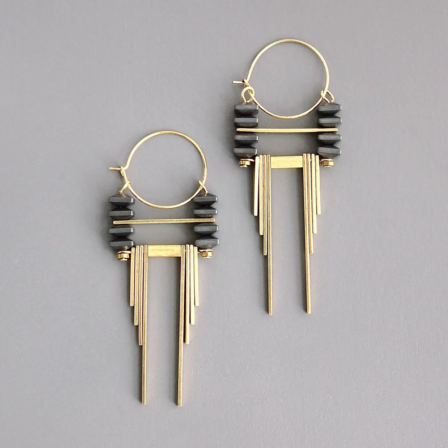 Artdeco Hemamite and Brass Hoop Earring