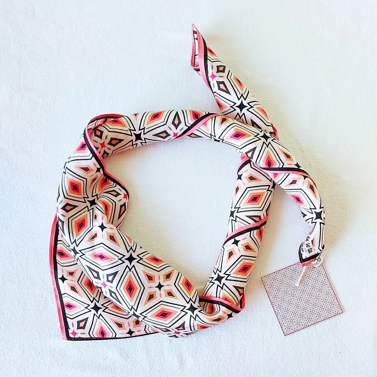 Geometric Meskel Ethiopian Silk Scarf - Black & Pink