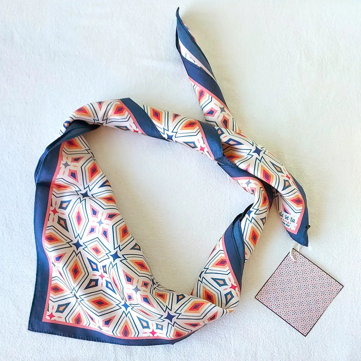 Geometric Meskel Ethiopian Silk Scarf - Coral & Navy