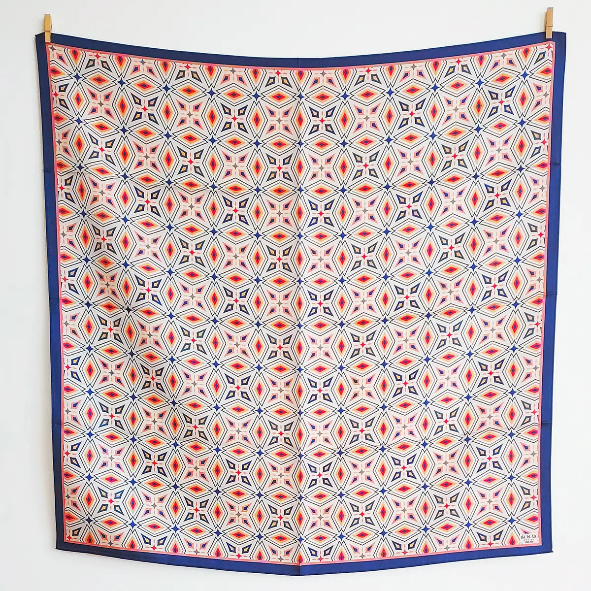 Geometric Meskel Ethiopian Silk Scarf - Coral & Navy