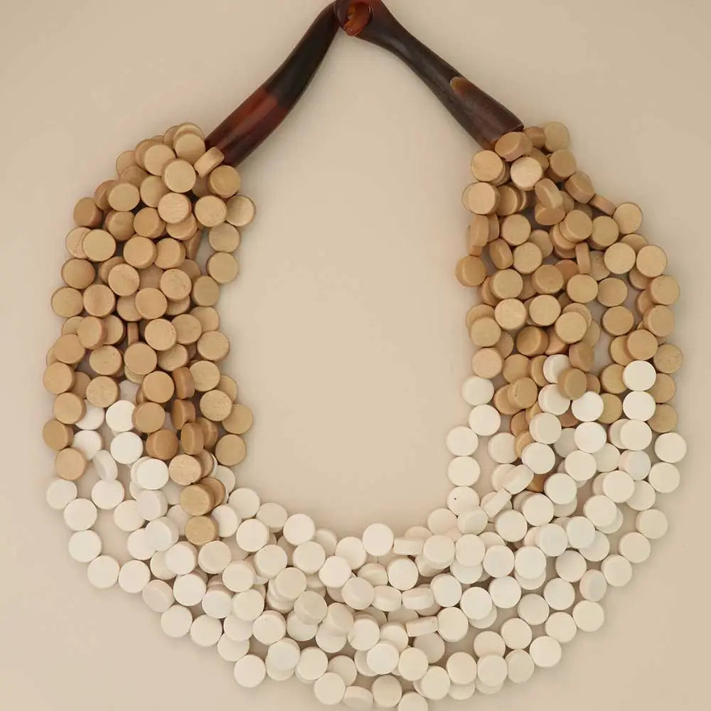 Beaded Disc White and Beige Necklace