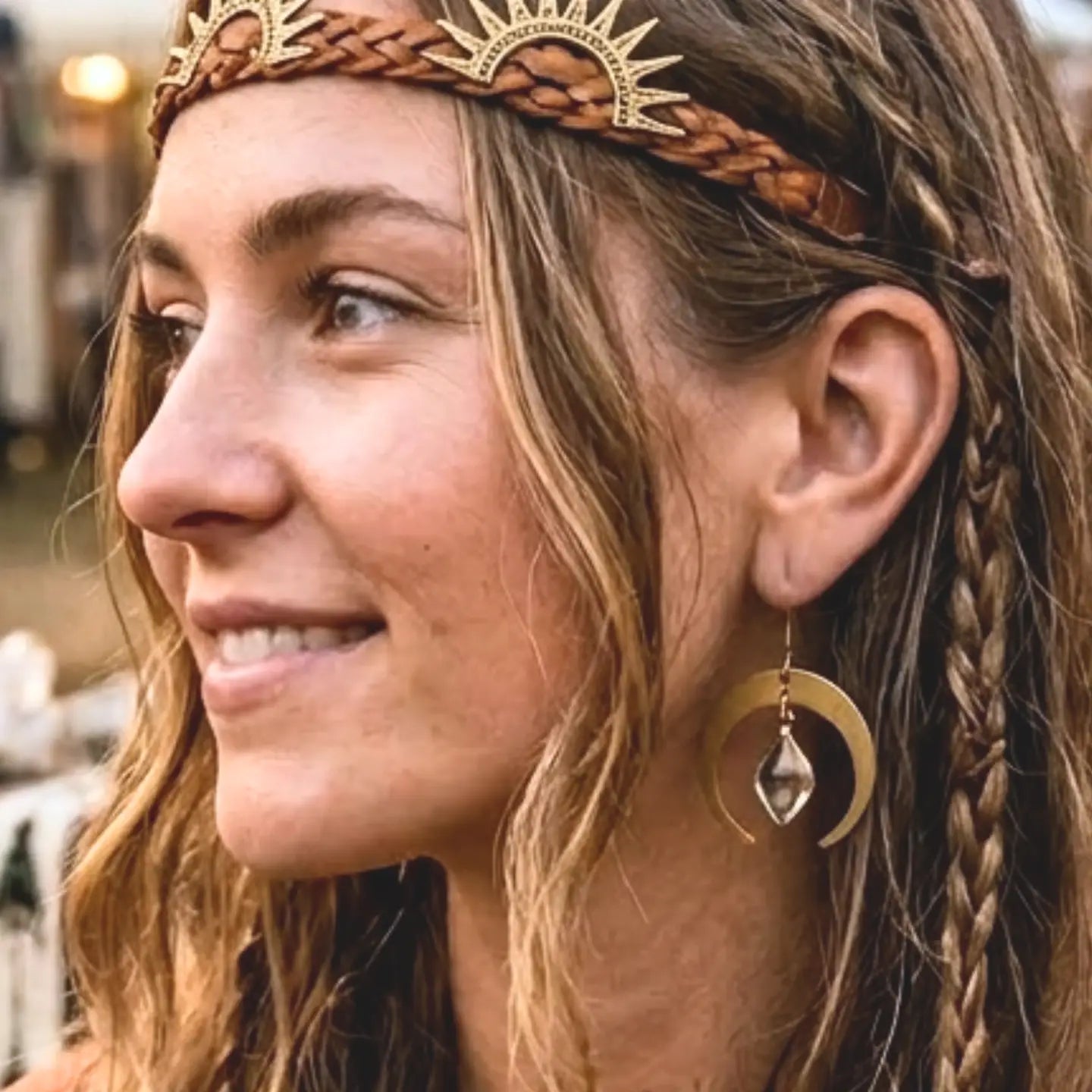 Raw Brass and Crystal Moon Drop Earrings
