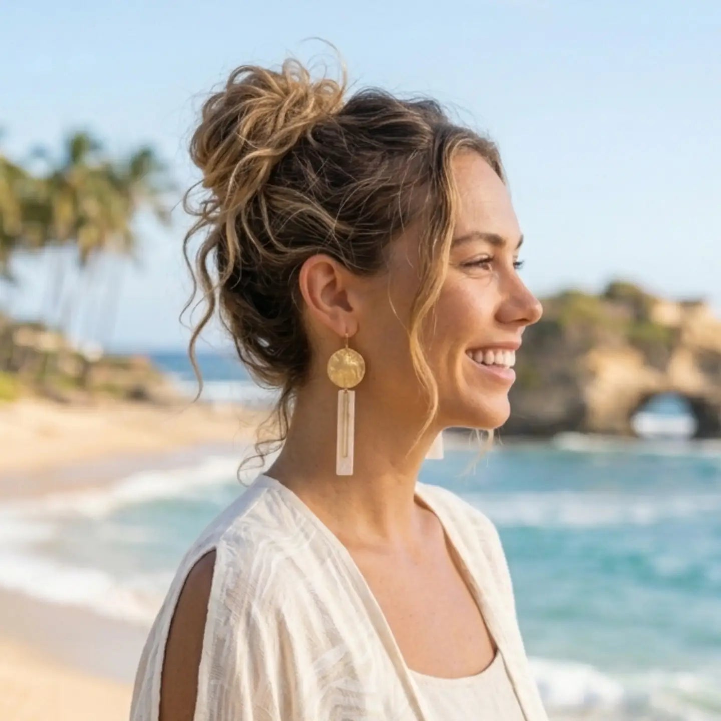 Mother of Pearl and Hammered Brass Earrings