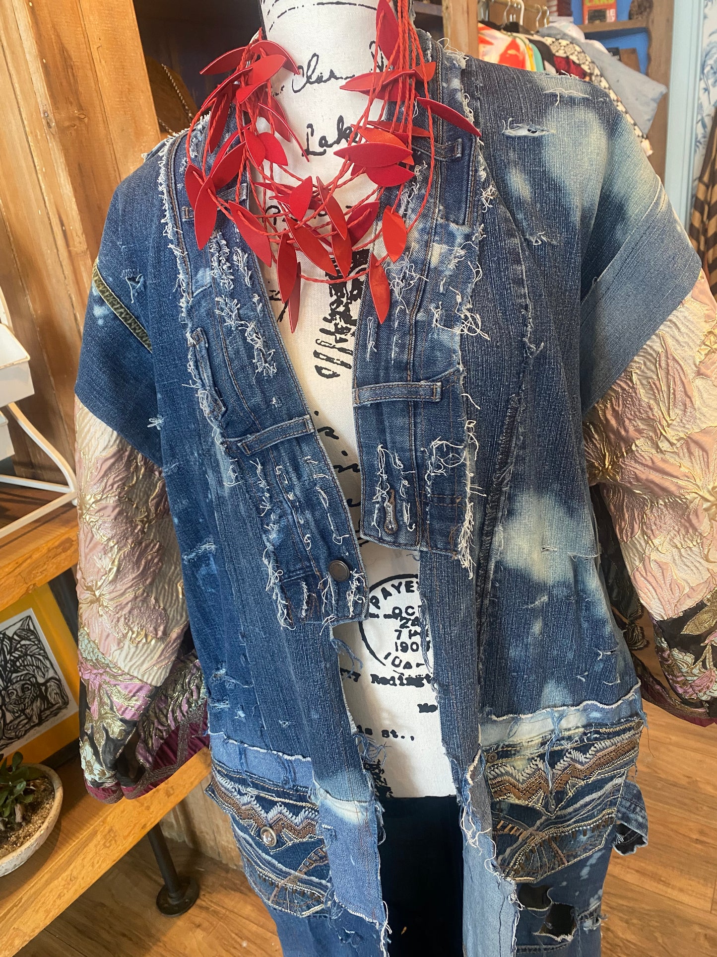 Patchwork Petal Long Denim Kimono