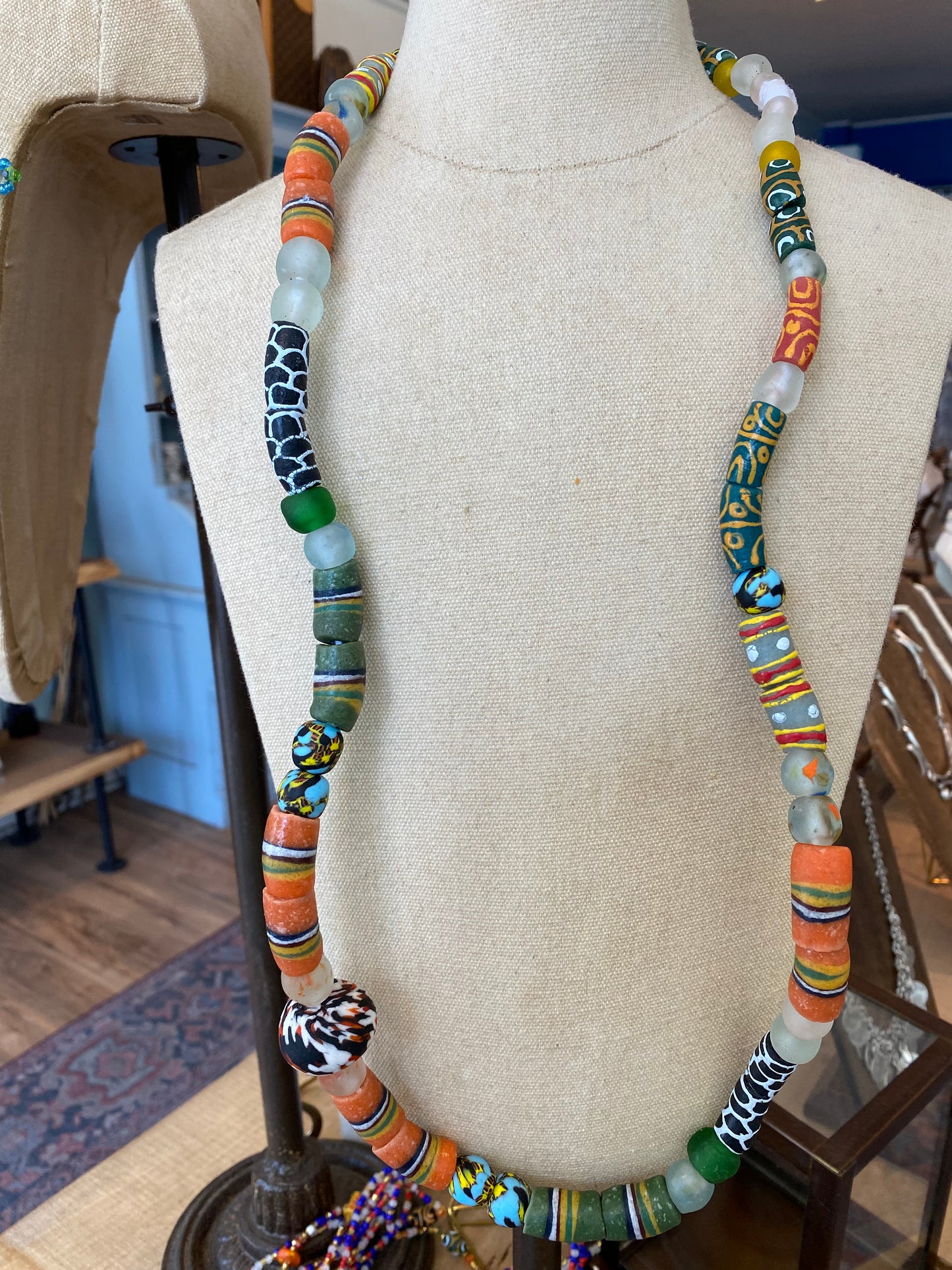 Long Tribal Ghanaian Glass Beaded Necklace