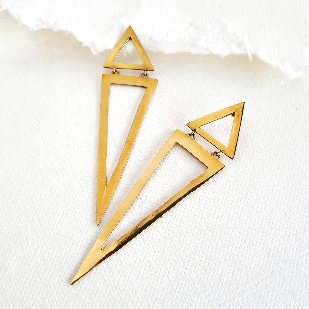 Brass Triangle Long Geometric Earrings