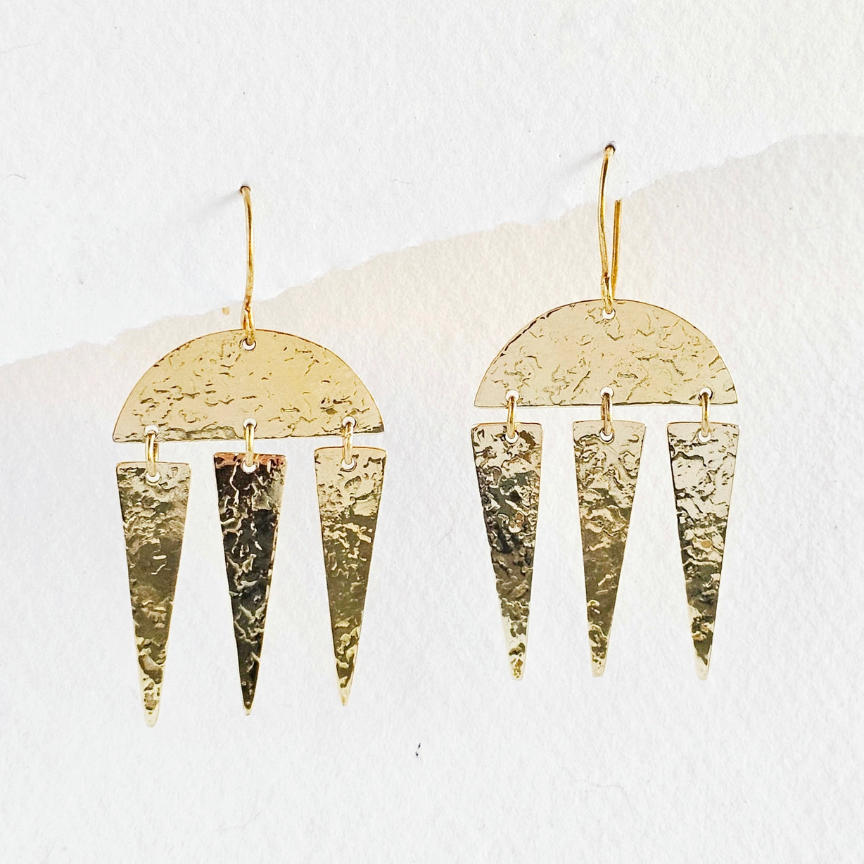 Hammered Geometric Brass Chandelier Fang Earrings