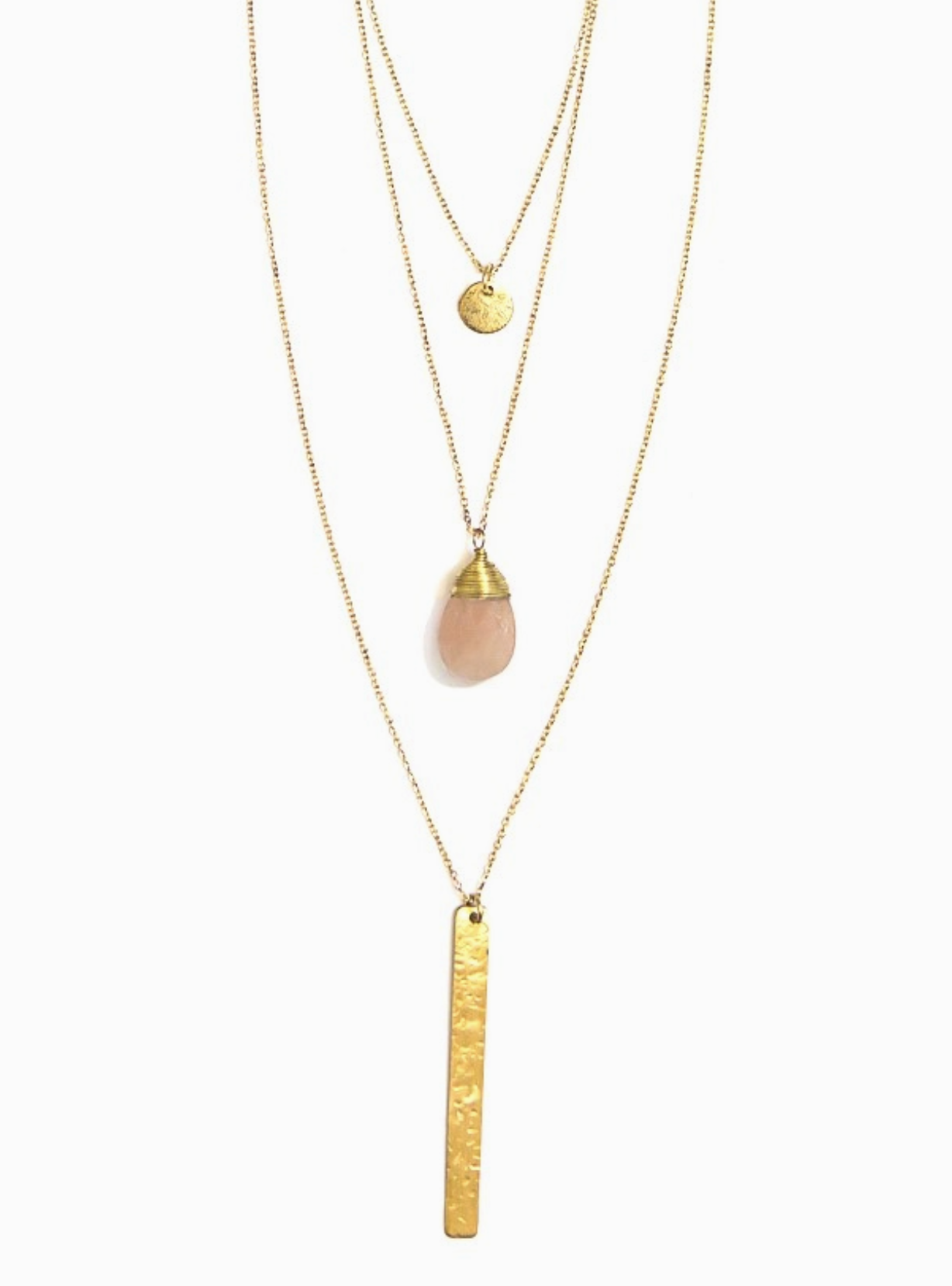 Triple Strand Pendant Brass Necklace