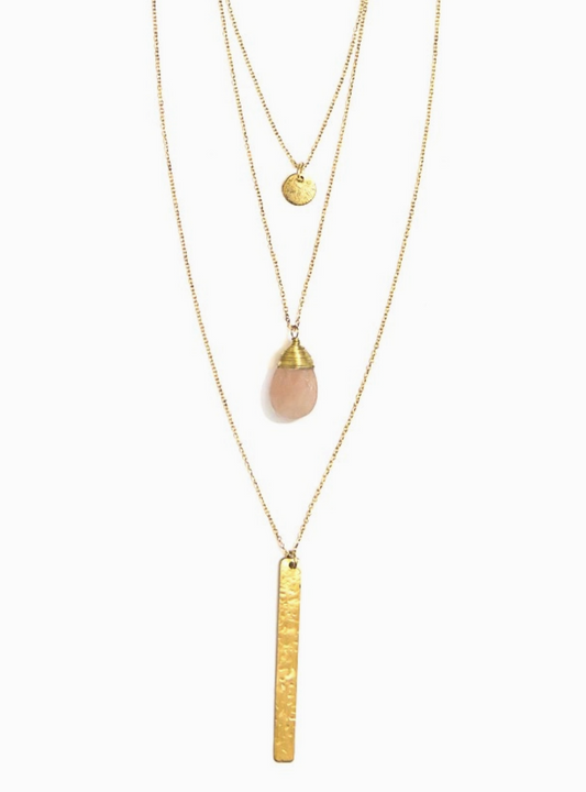 Triple Strand Pendant Brass Necklace