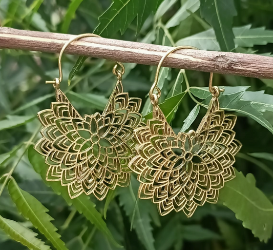 Tribal Floral Hoop Dangles Brass Earrings