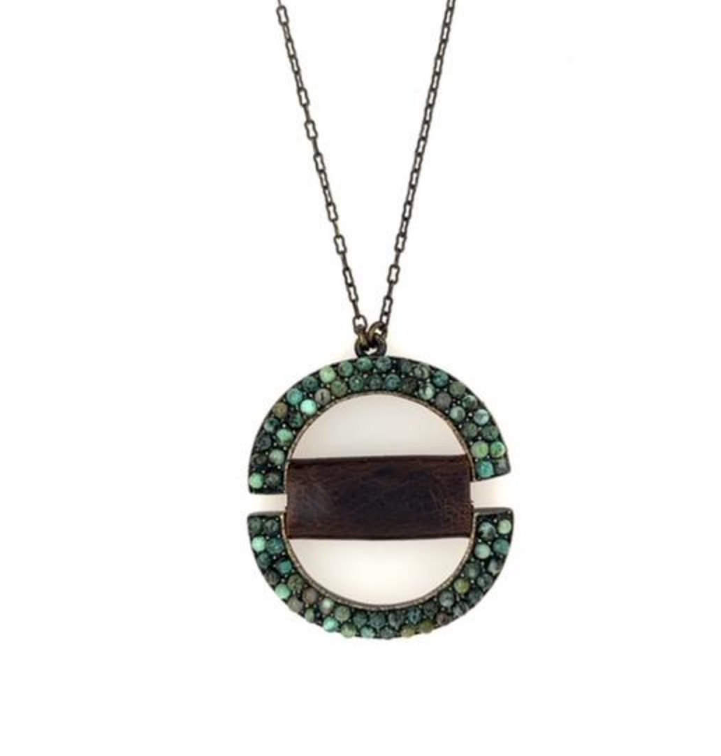 Round Brown Leather and Turquoise Pendant Necklace