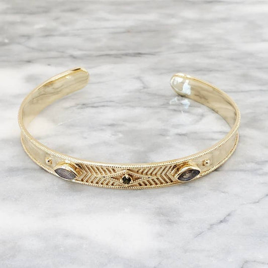 Labradorite and Tourmaline Brass Cuff Bracelet