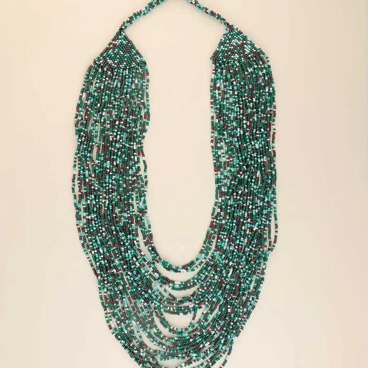 Teal, turquoise and grey multi-strand beaded necklace