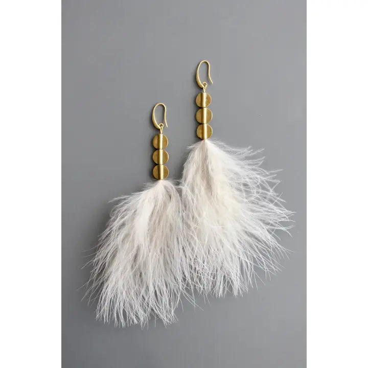 Blush Feather and Brass Disc Earrings