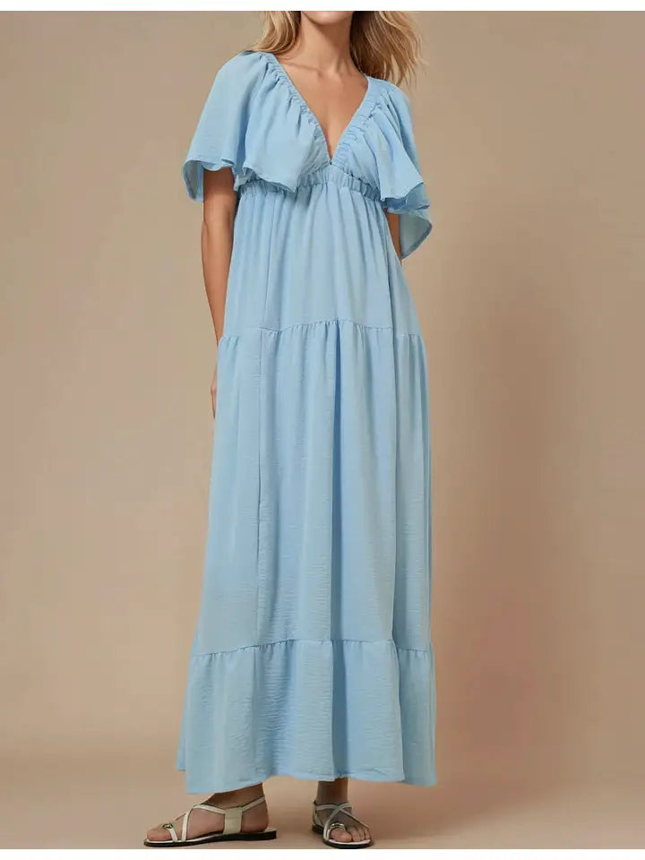 Solid Color V-Neck Backless Maxi Dress