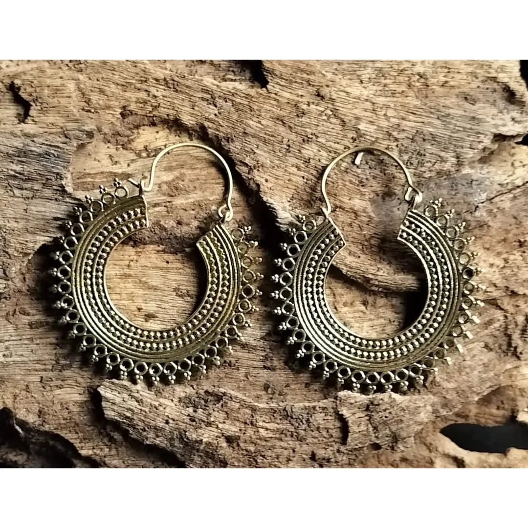 Sunburst Crown Hoop Brass Earrings