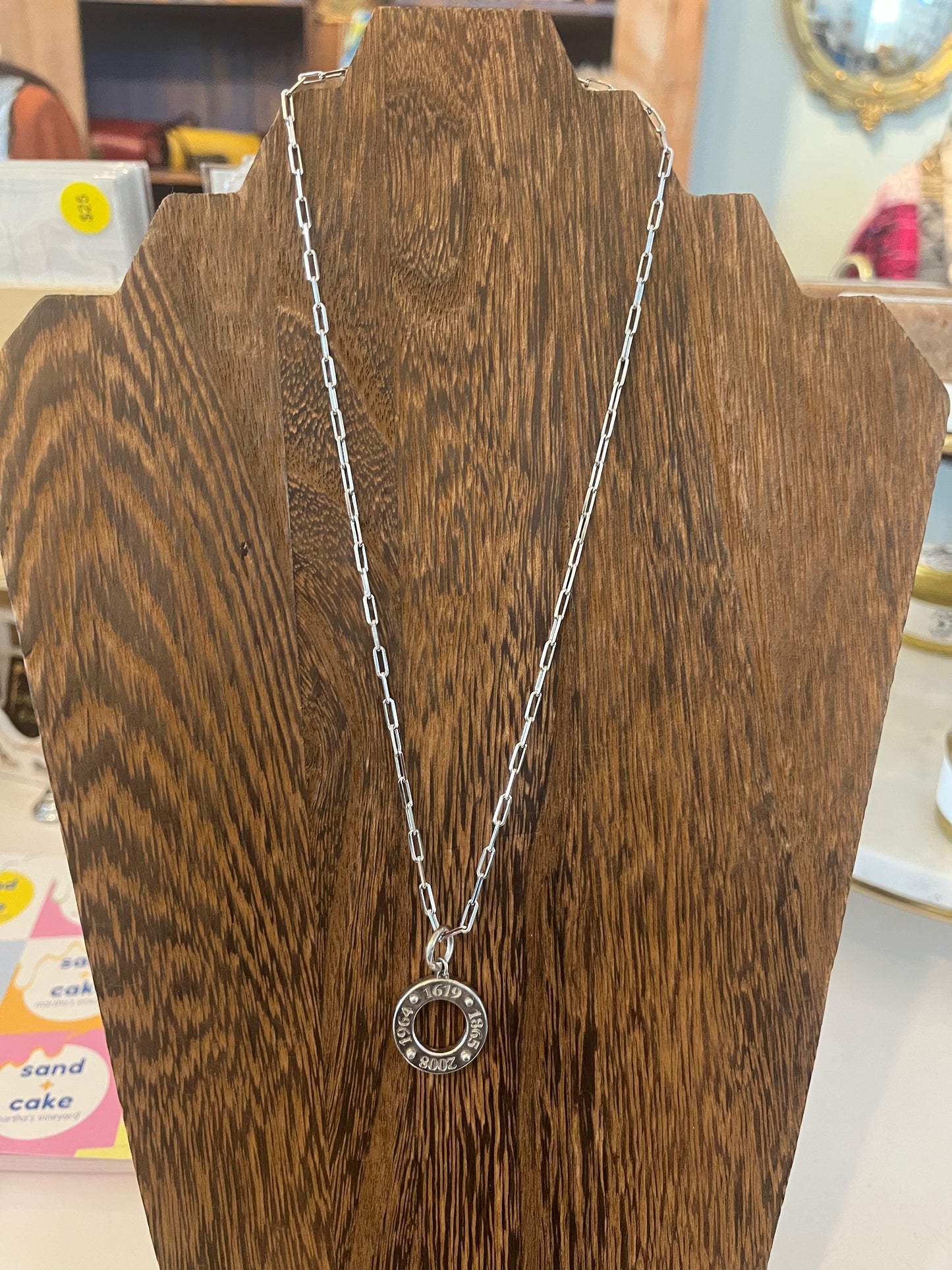 Small Dates Sterling Silver Small Pendant on Clip Chain