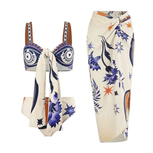 Totem Print 3PCS Bikini Set with Cover