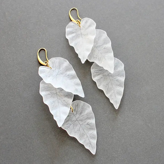 White Frosted Acrylic Leaf Shoulder Duster Earrings