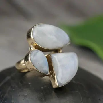 Natural Stone Cluster Brass Ring with Moonstones