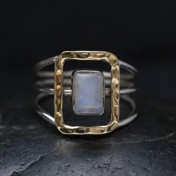 Sterling Silver Moonstone Brass Square Ring