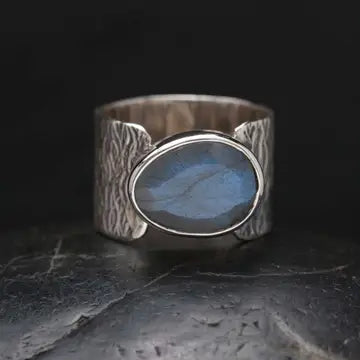 Sterling Silver Hammered Ring with Cut Labradorite