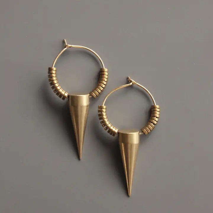 Hematite and Brass Spike Hoop Earrings