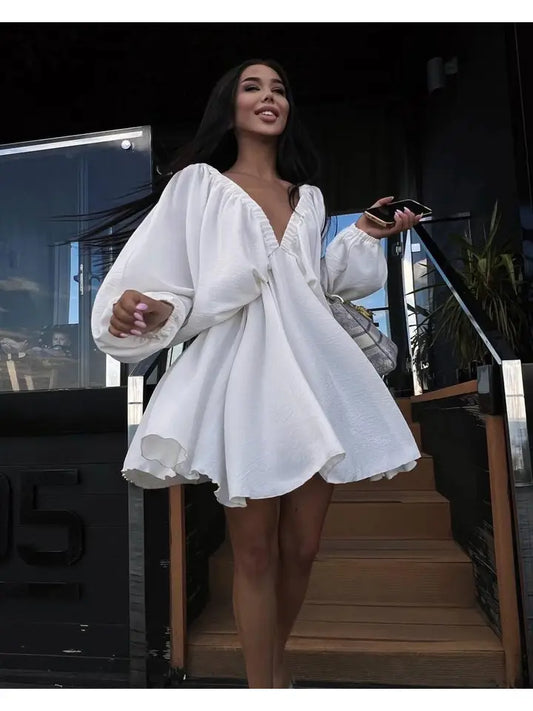 Ladies Long Sleeves V-Neck Daily Short Dress