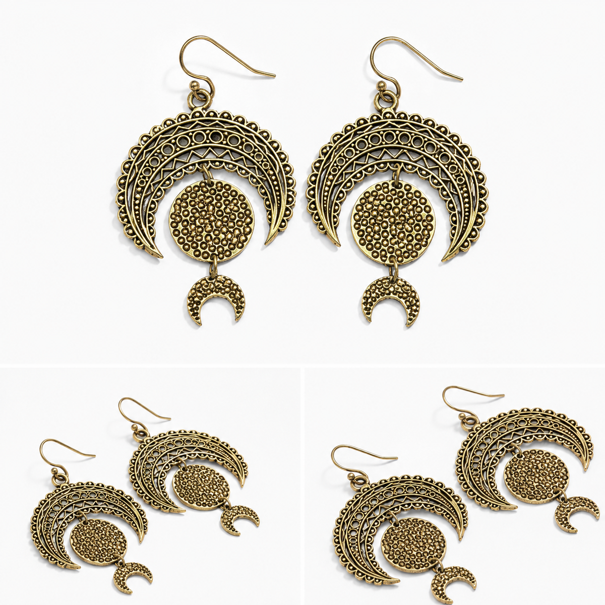 Gold Crescent Moon and Full Moon Dangle