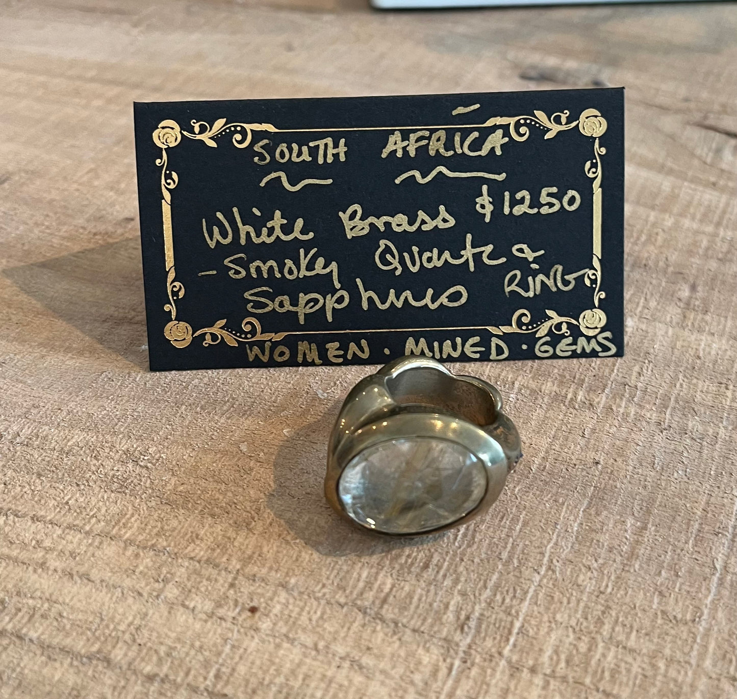 Ezolile White African Brass & Smoky Quartz Ring (South Africa - One of a Kind)